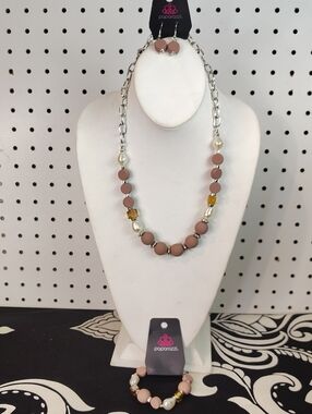 Papa Matte Brown & Pearl Accent Necklace & Earring Set  matching With Bracelet